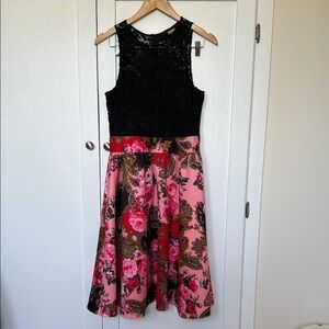 Alexia Admor Scuba and Lace Printer Twofer Floral Paisley Pink and Black Dress M